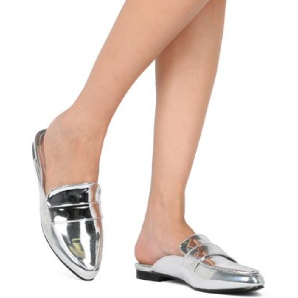 Indulge Metallic Pointed Toe Slip On Silver Mule Loafers